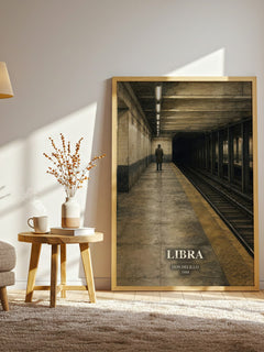 Libra watercolour print in frame leaning in hallway – literary fiction wall art