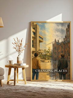 Changing Places watercolour print in frame leaning in hallway – satire wall art