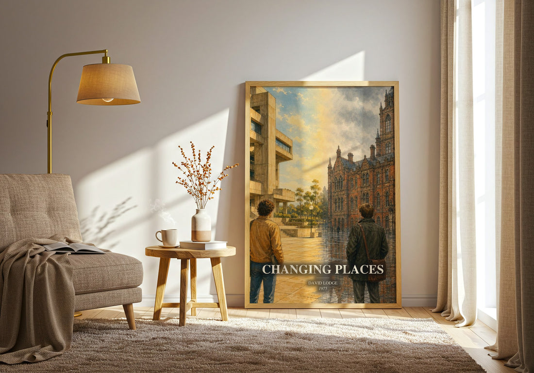 Changing Places watercolour print in frame leaning in hallway – satire wall art