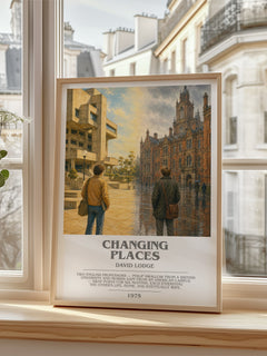 Changing Places Bookish Wall Art by David Lodge – framed print by a bright window