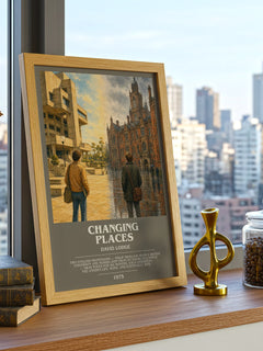 Changing Places Bookish Wall Art by David Lodge – framed print on a city-view windowsill
