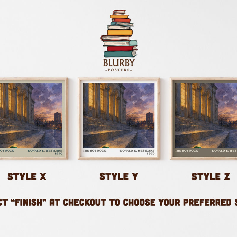 The Hot Rock literary print in frame leaning in hallway – crime wall art