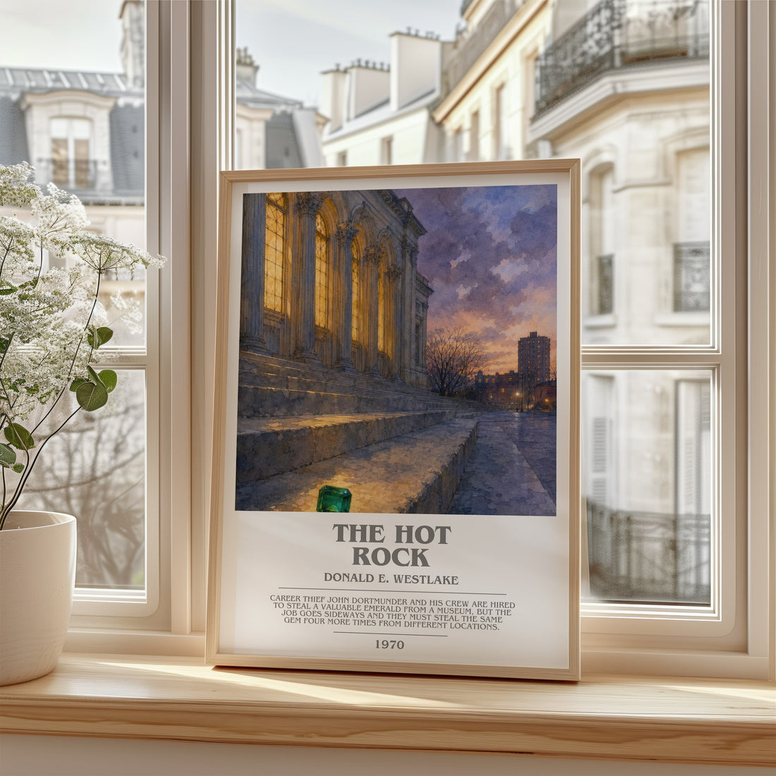 The Hot Rock Bookish Wall Art by Donald E. Westlake – framed print by a bright window
