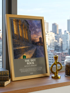 The Hot Rock Bookish Wall Art by Donald E. Westlake – framed print on a city-view windowsill