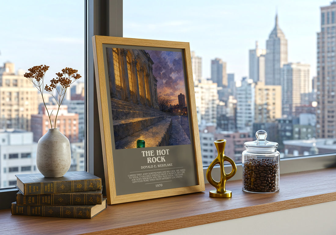 The Hot Rock Bookish Wall Art by Donald E. Westlake – framed print on a city-view windowsill