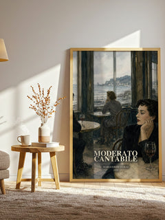 Moderato Cantabile watercolour print in frame leaning in hallway – literary fiction wall art