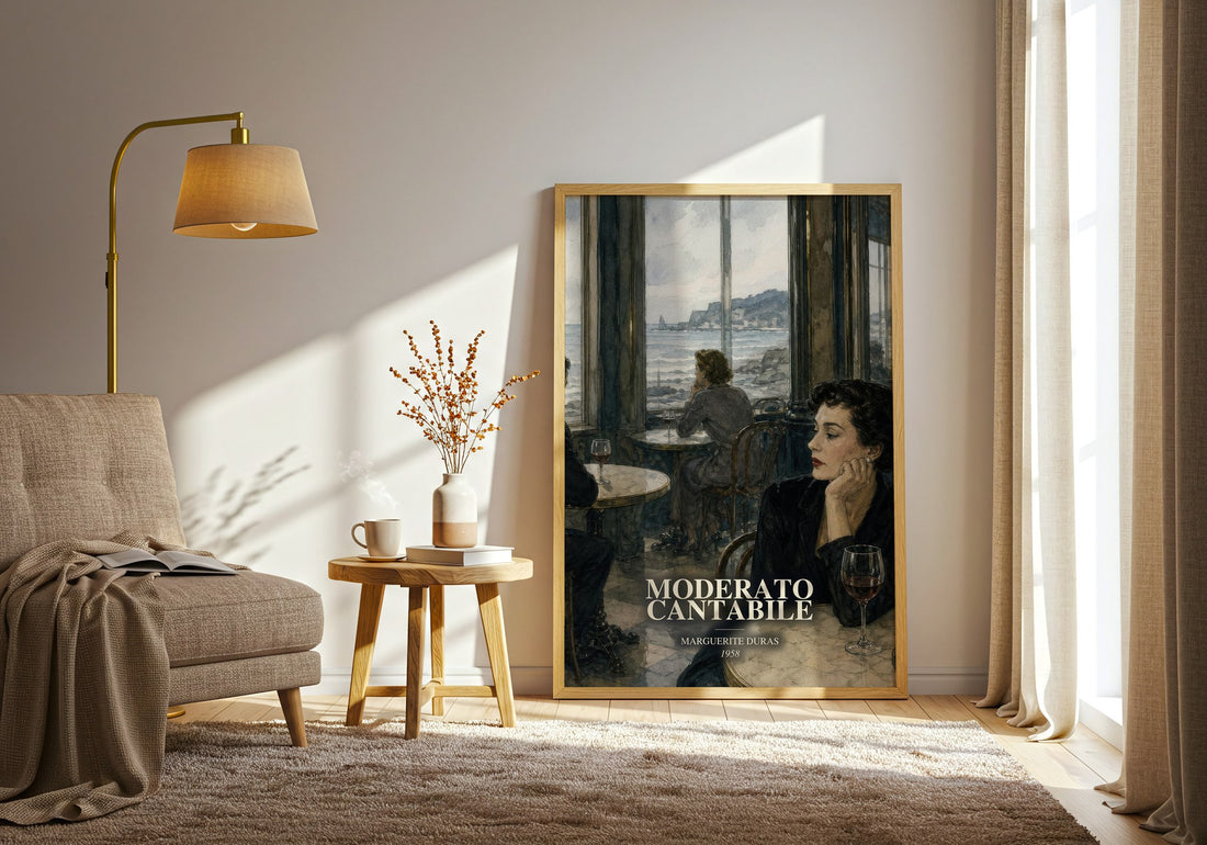 Moderato Cantabile watercolour print in frame leaning in hallway – literary fiction wall art