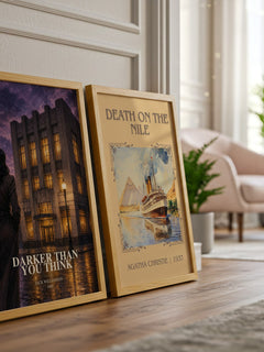 Darker Than You Think watercolour print framed by window – literary home decor