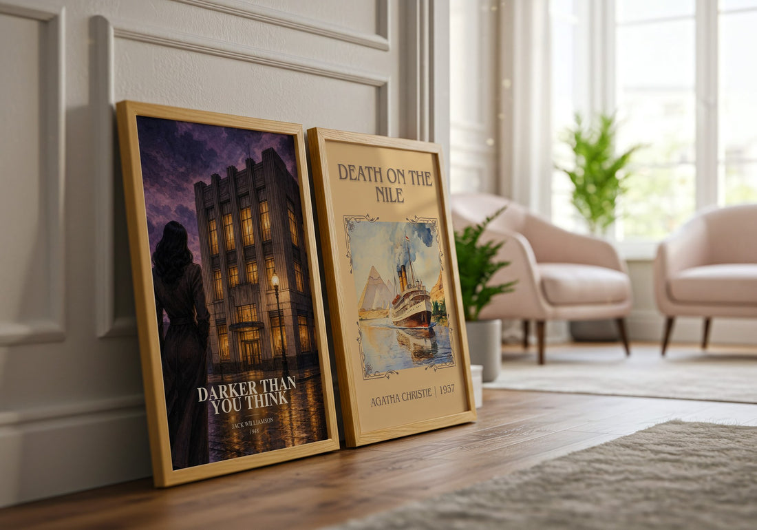 Darker Than You Think watercolour print framed by window – literary home decor