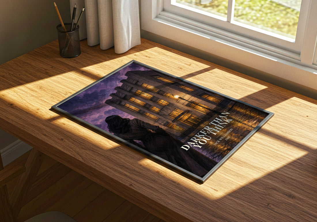 Darker Than You Think watercolour book poster framed on wall – horror wall art