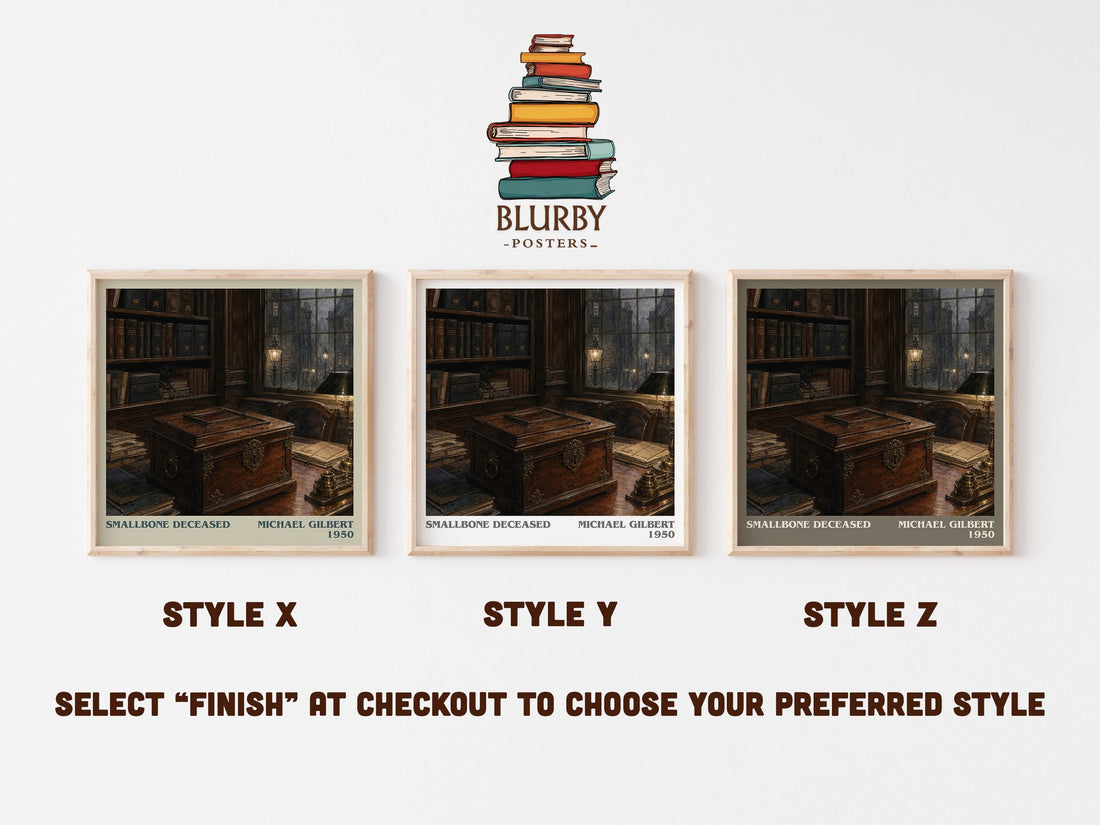 Smallbone Deceased literary print in frame leaning in hallway – mystery wall art (mockup)