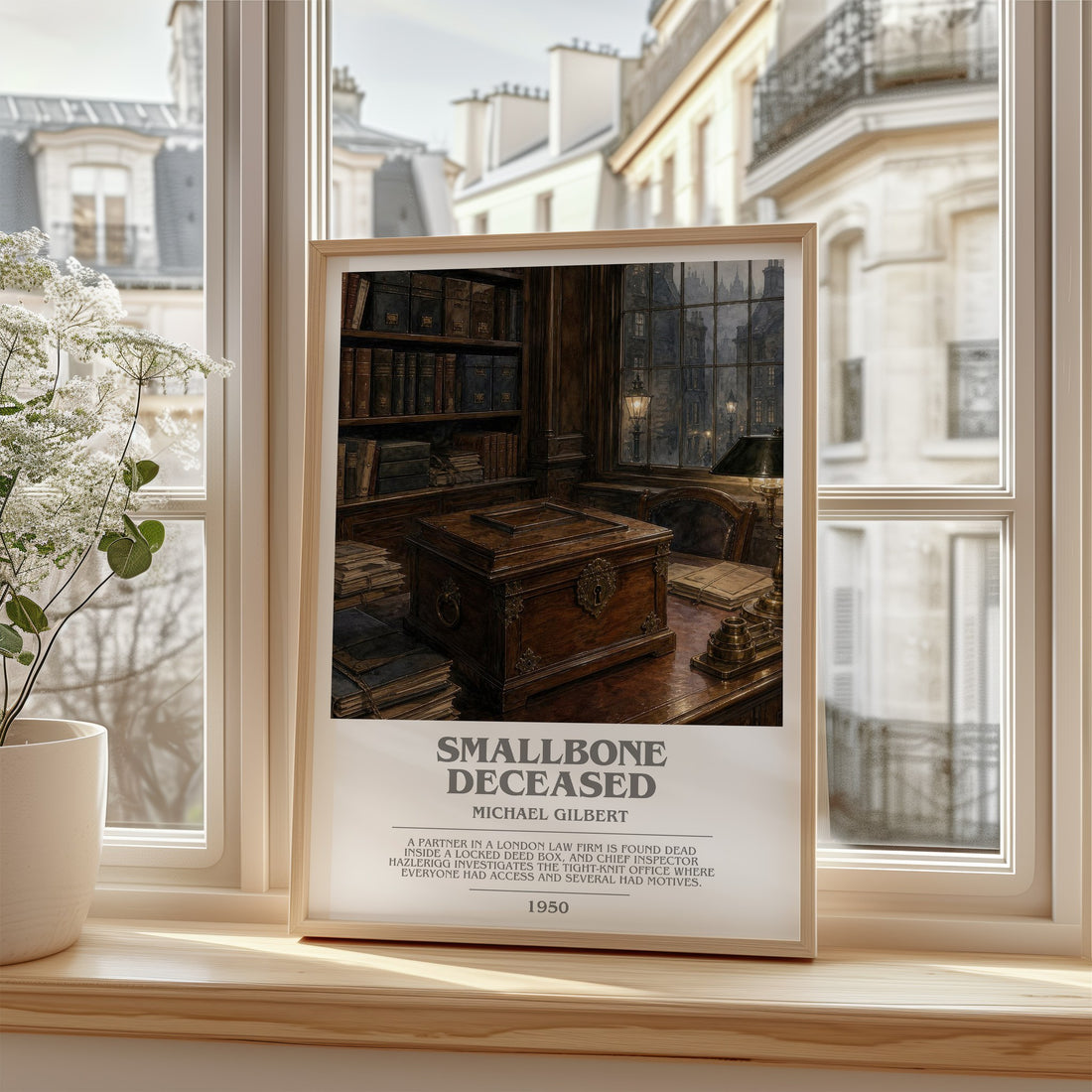 Smallbone Deceased Bookish Wall Art by Michael Gilbert – framed print by a bright window