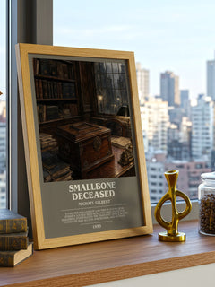 Smallbone Deceased Bookish Wall Art by Michael Gilbert – framed print on a city-view windowsill