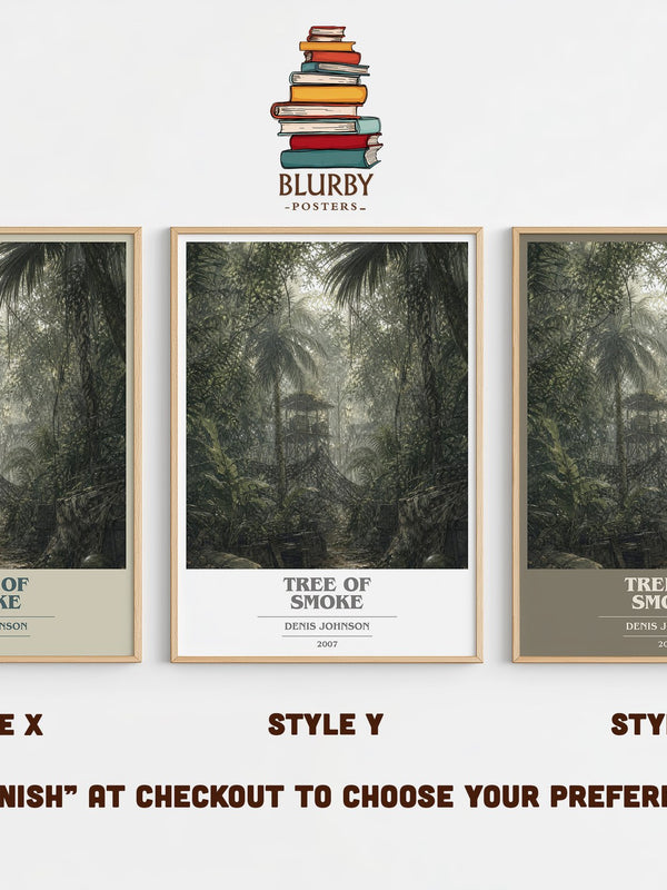 Tree of Smoke book cover print in frame leaning in hallway – literary fiction wall art