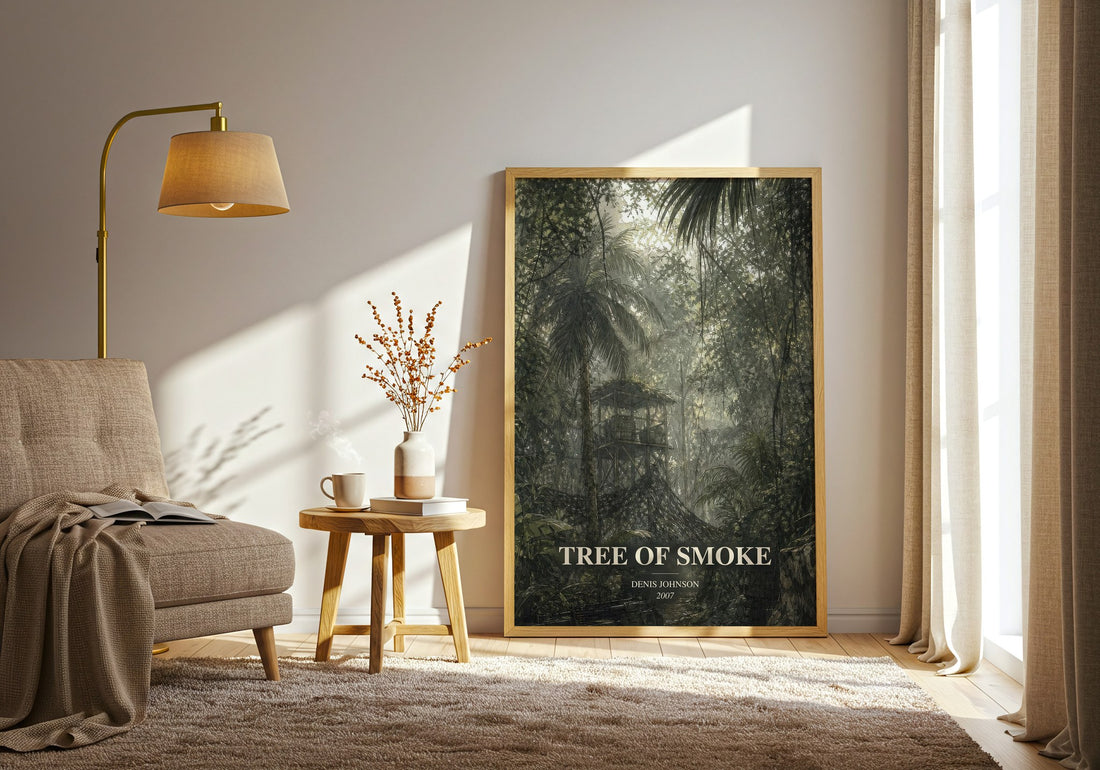 Tree of Smoke watercolour print in frame leaning in hallway – literary fiction wall art