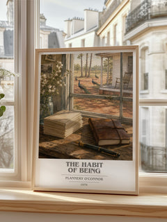 The Habit of Being book cover print in frame leaning in hallway – memoir wall art