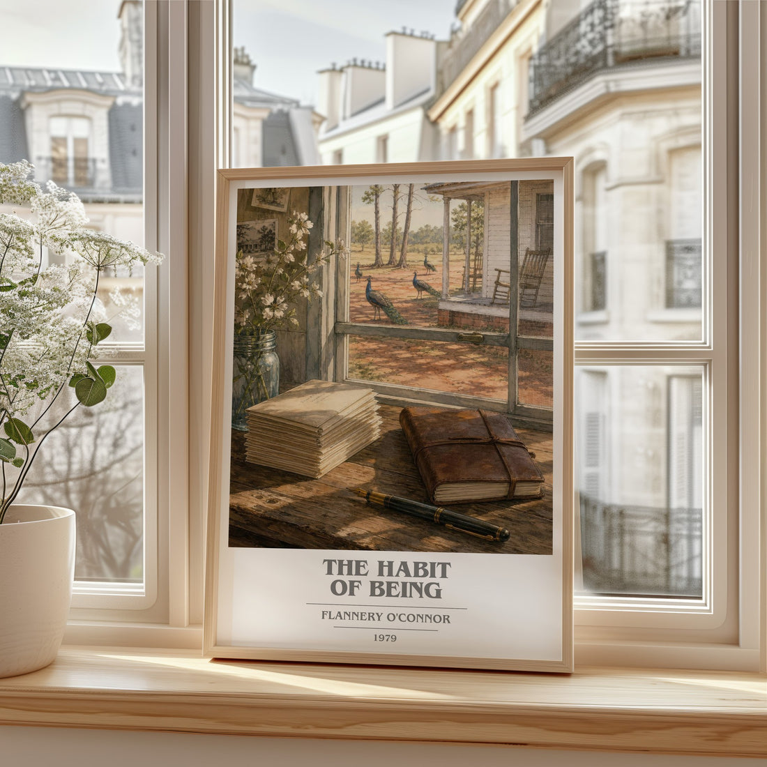 The Habit of Being book cover print in frame leaning in hallway – memoir wall art
