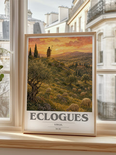 Eclogues book cover print in frame leaning in hallway – poetry wall art