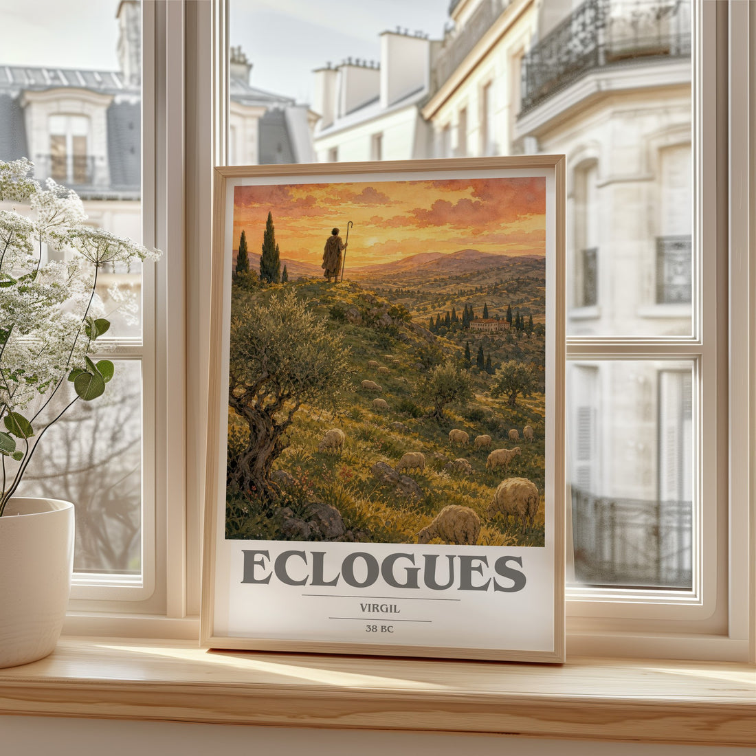 Eclogues book cover print in frame leaning in hallway – poetry wall art