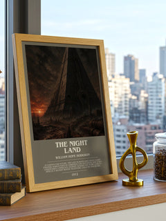 The Night Land Bookish Wall Art by William Hope Hodgson – framed print on a city-view windowsill
