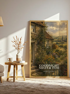 Goodnight Mister Tom watercolour print in frame leaning in hallway – childrens wall art