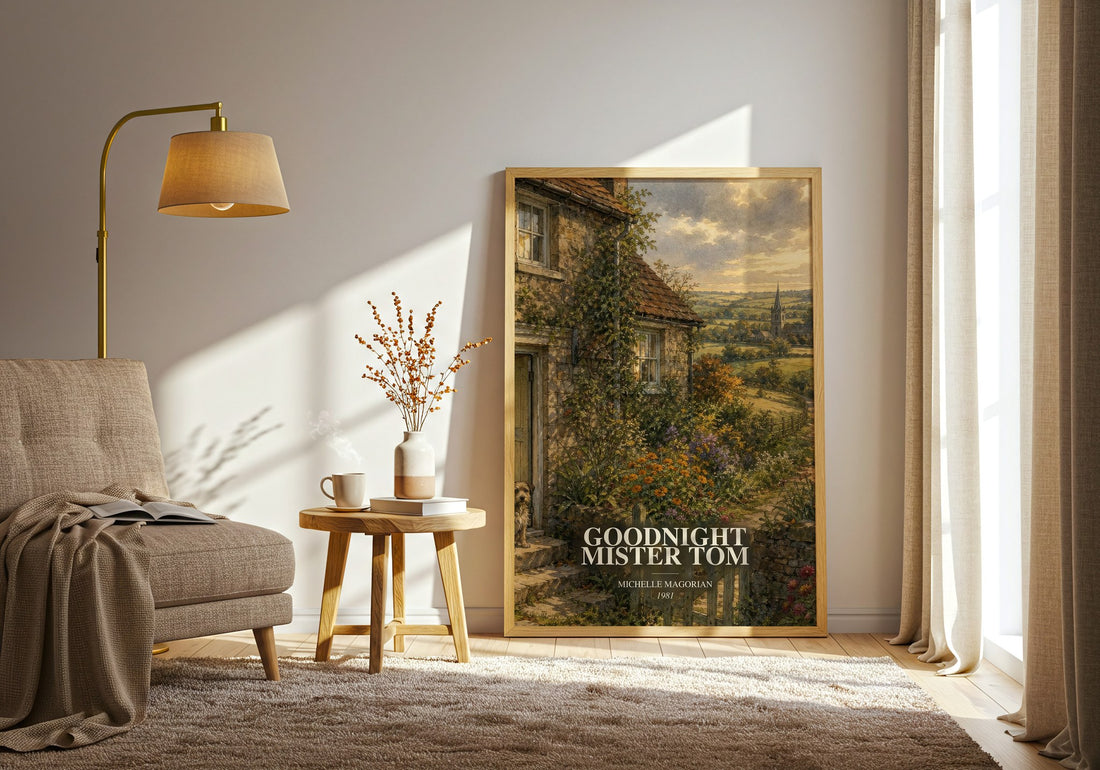 Goodnight Mister Tom watercolour print in frame leaning in hallway – childrens wall art