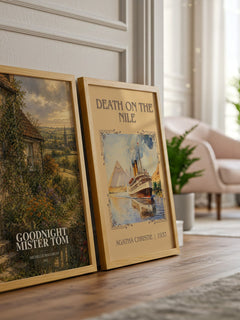 Goodnight Mister Tom watercolour print framed by window – literary home decor