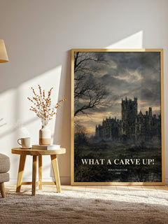 What a Carve Up! watercolour print in frame leaning in hallway – satire wall art