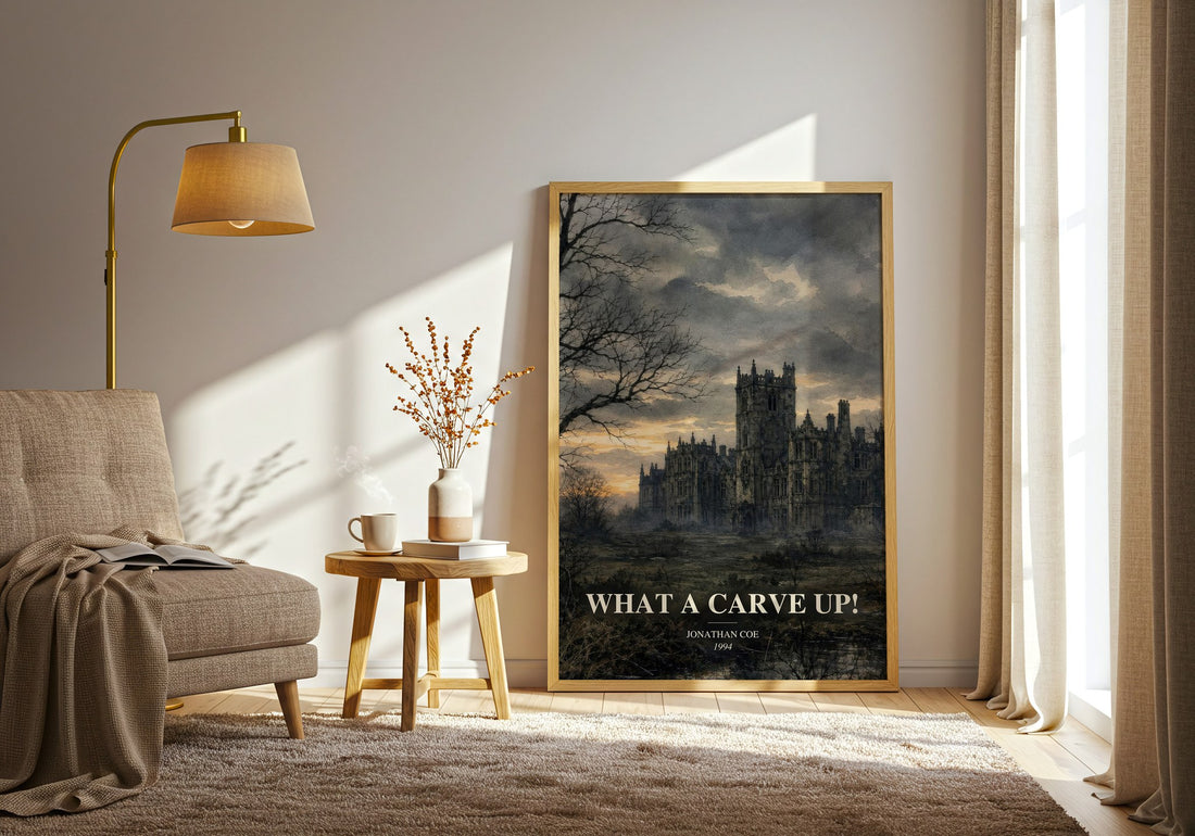 What a Carve Up! watercolour print in frame leaning in hallway – satire wall art