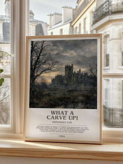 What a Carve Up! Bookish Wall Art by Jonathan Coe – framed print by a bright window