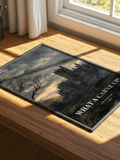 What a Carve Up! watercolour book poster framed on wall – satire wall art