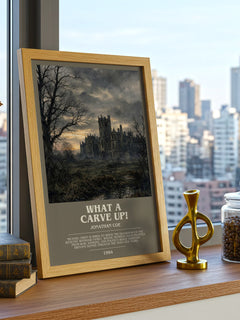 What a Carve Up! Bookish Wall Art by Jonathan Coe – framed print on a city-view windowsill