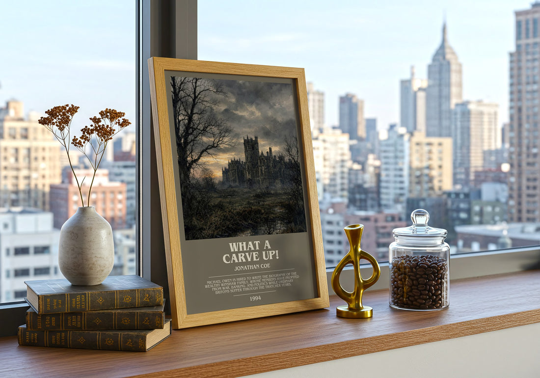 What a Carve Up! Bookish Wall Art by Jonathan Coe – framed print on a city-view windowsill