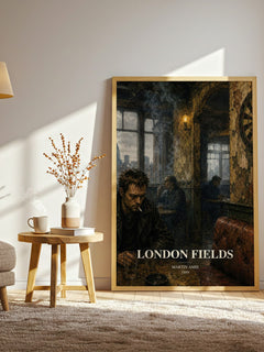 London Fields watercolour print in frame leaning in hallway – literary fiction wall art