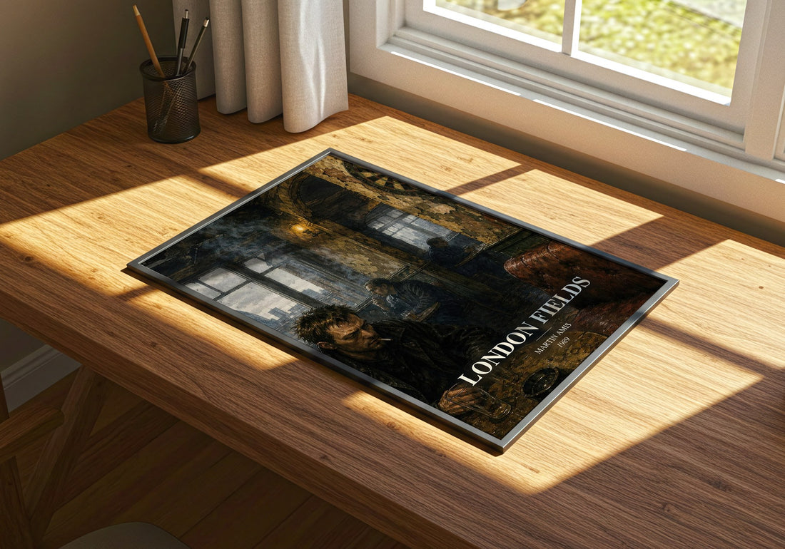 London Fields watercolour book poster framed on wall – literary fiction wall art