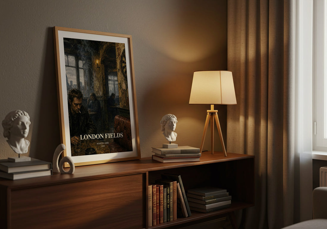 London Fields watercolour print on bookshelf – Martin Amis fan gift