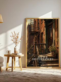 Little Disturbances watercolour print in frame leaning in hallway – literary fiction wall art