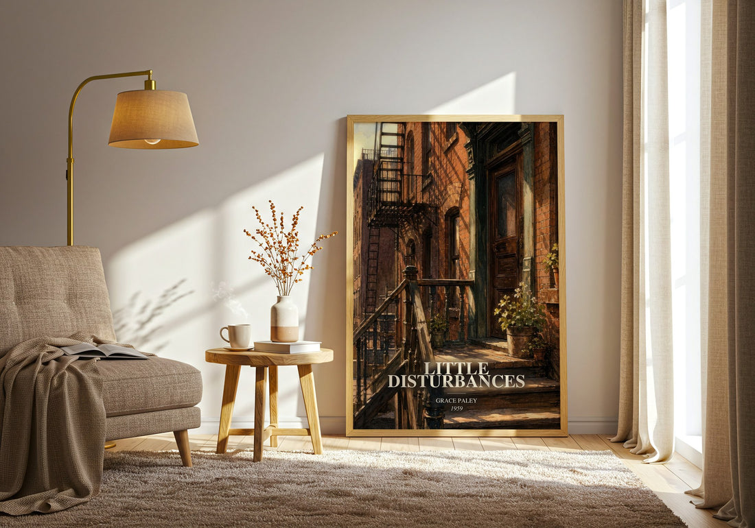 Little Disturbances watercolour print in frame leaning in hallway – literary fiction wall art