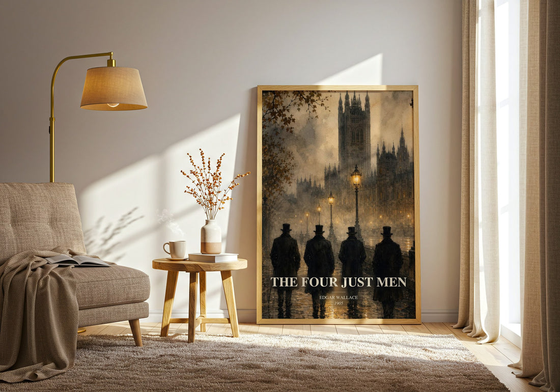 The Four Just Men watercolour print in frame leaning in hallway – thriller wall art