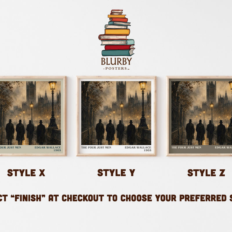 The Four Just Men literary print in frame leaning in hallway – thriller wall art