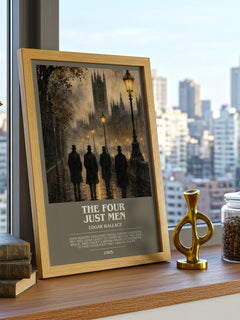 The Four Just Men Bookish Wall Art by Edgar Wallace – framed print on a city-view windowsill