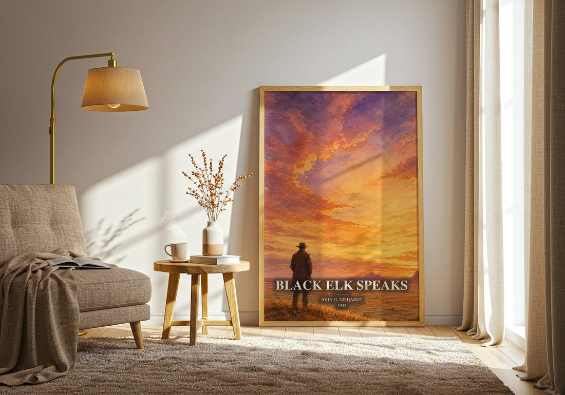 Black Elk Speaks watercolour print in frame leaning in hallway – memoir wall art
