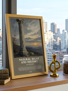 Natural Right and History Bookish Wall Art by Leo Strauss – framed print on a city-view windowsill
