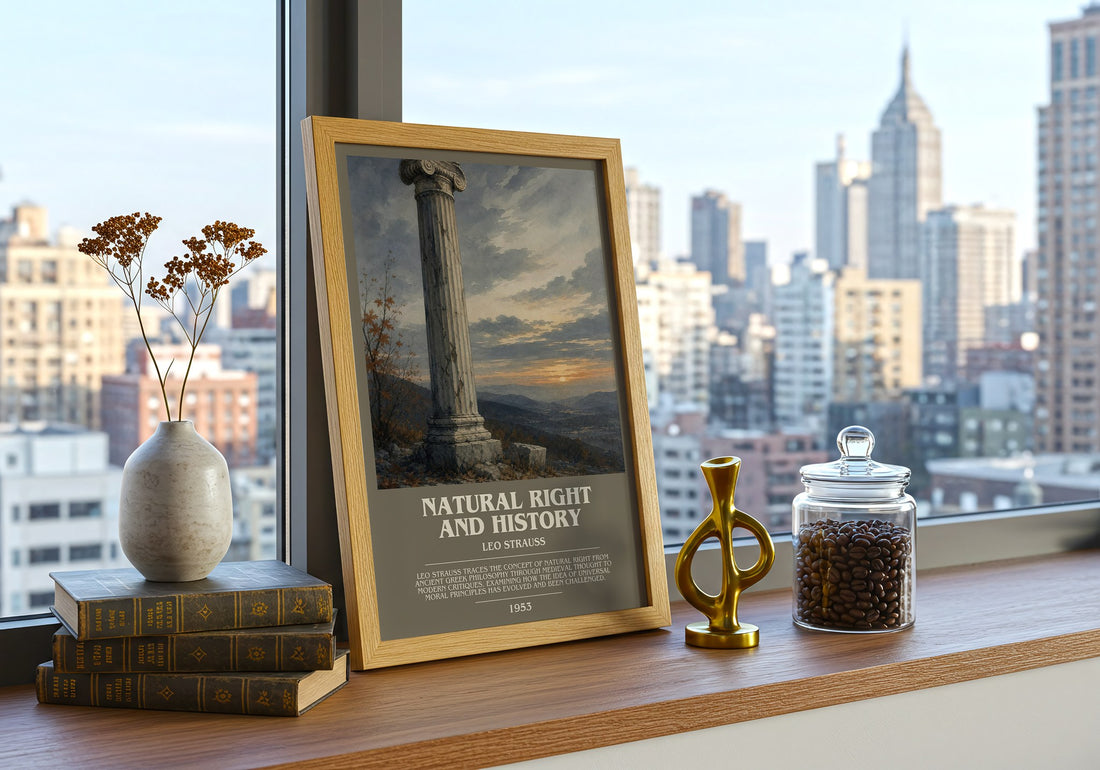 Natural Right and History Bookish Wall Art by Leo Strauss – framed print on a city-view windowsill