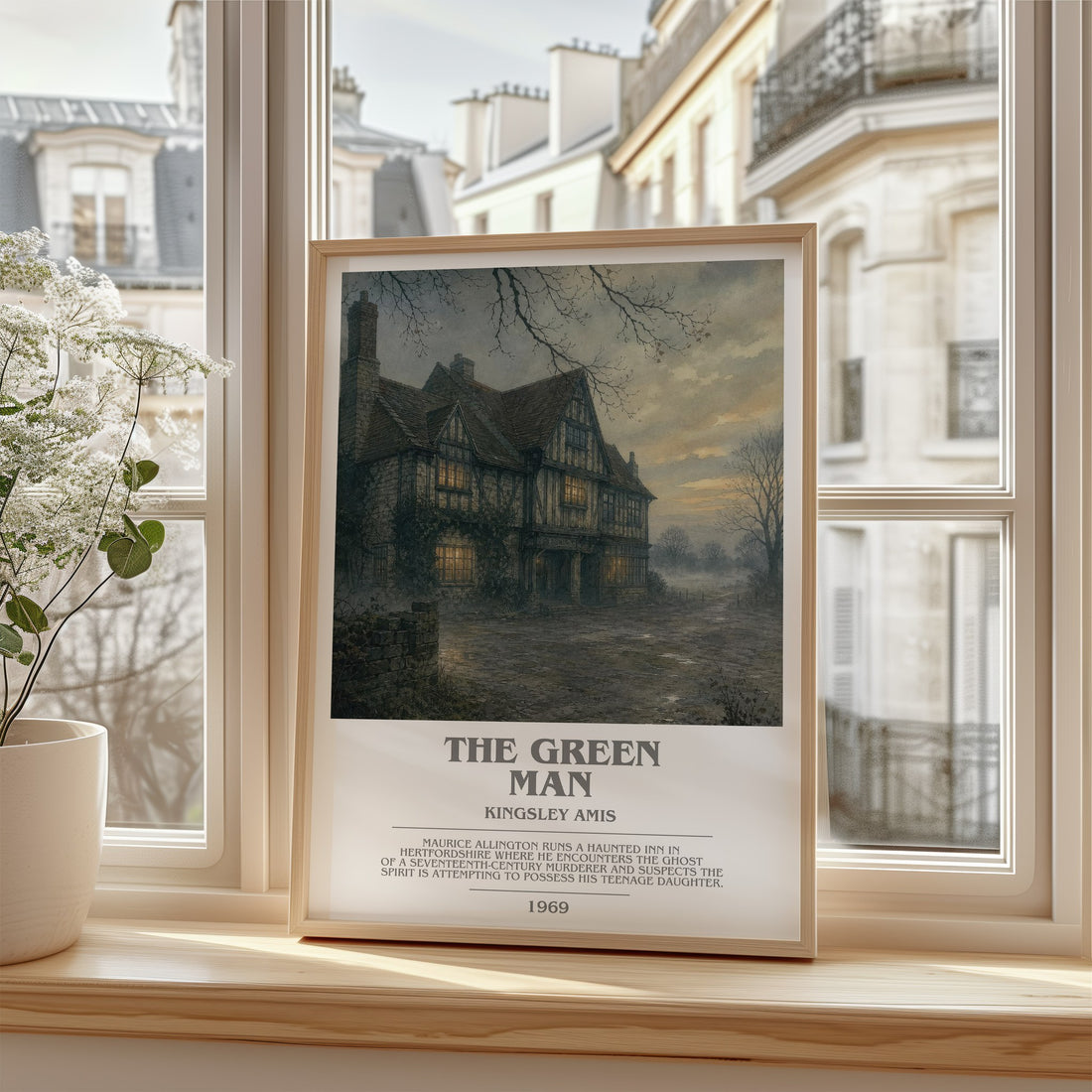 The Green Man Bookish Wall Art by Kingsley Amis – framed print by a bright window