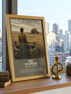 The Diviners Bookish Wall Art by Margaret Laurence – framed print on a city-view windowsill