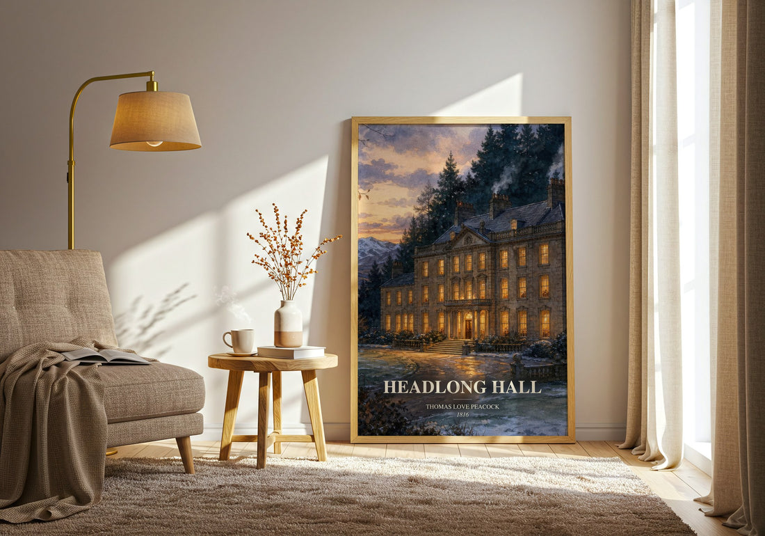 Headlong Hall watercolour print in frame leaning in hallway – satire wall art