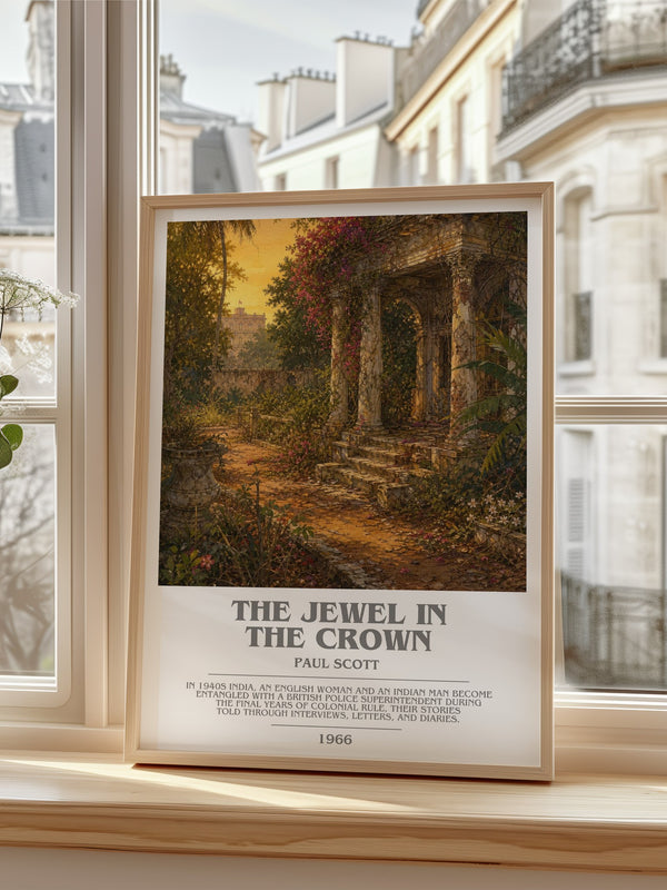 The Jewel In The Crown Bookish Wall Art by Paul Scott – framed print by a bright window
