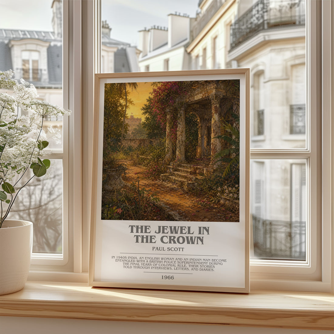 The Jewel In The Crown Bookish Wall Art by Paul Scott – framed print by a bright window