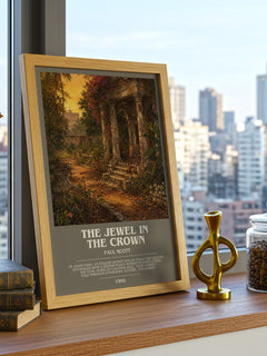 The Jewel In The Crown Bookish Wall Art by Paul Scott – framed print on a city-view windowsill